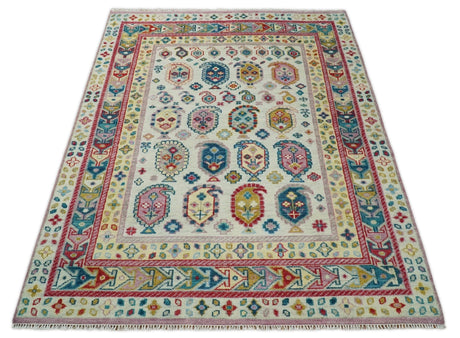 Eclectic Vibrant Colorful Ivory And Teal Traditional design Hand knotted Wool Area Rug