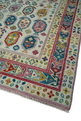 Eclectic Vibrant Colorful Ivory And Teal Traditional design Hand knotted Wool Area Rug