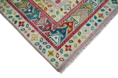 Eclectic Vibrant Colorful Ivory And Teal Traditional design Hand knotted Wool Area Rug
