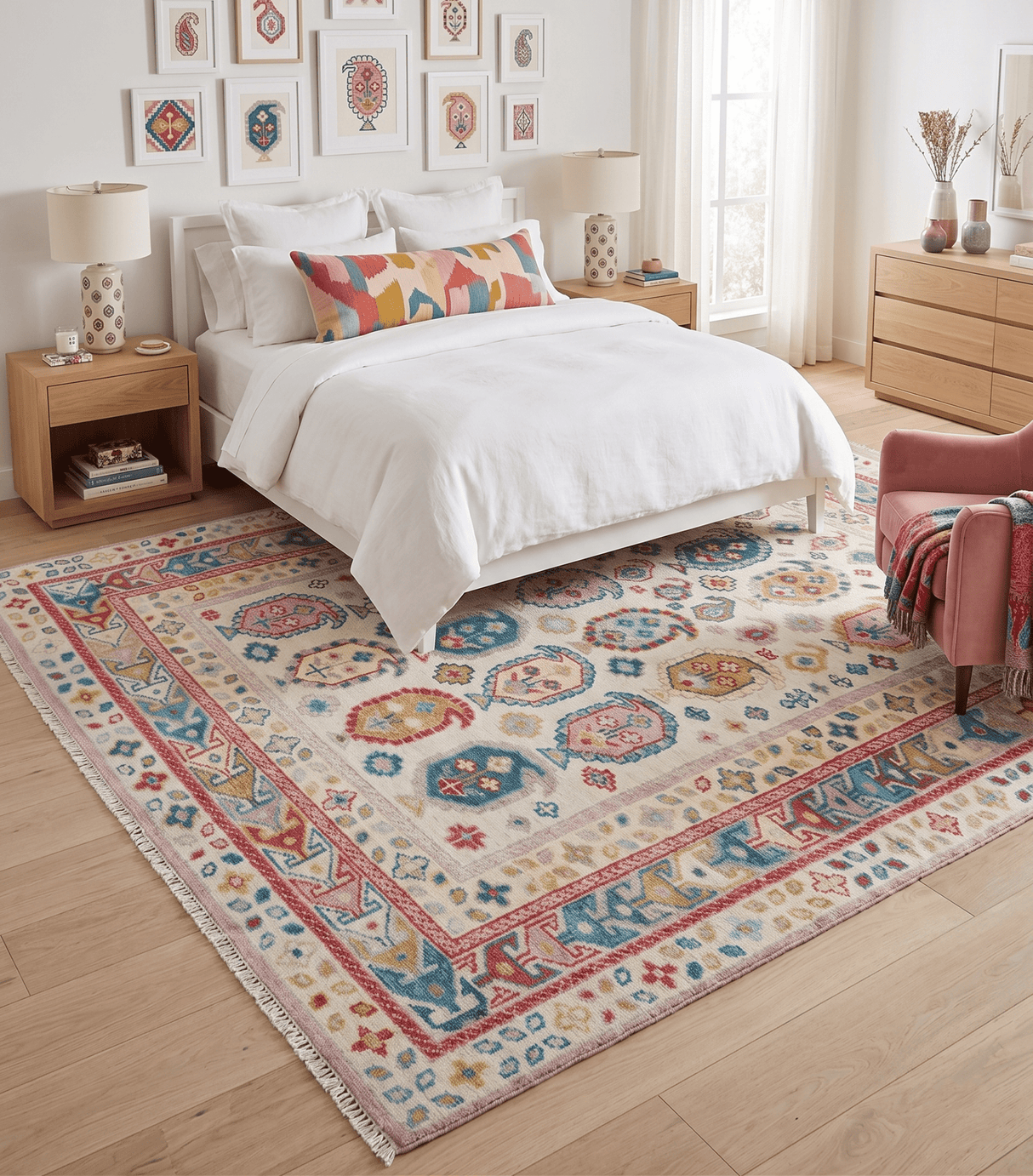 Eclectic Vibrant Colorful Ivory And Teal Traditional design Hand knotted Wool Area Rug