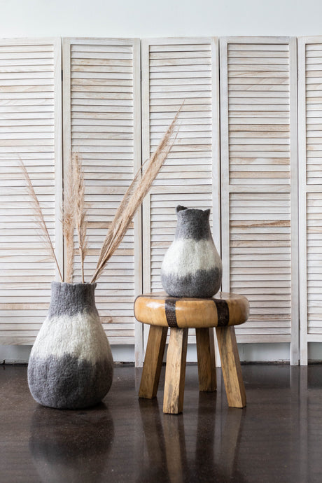 Eclipse Charcoal and Ivory Wool Gourd Basket-Baskets-Parc Decor