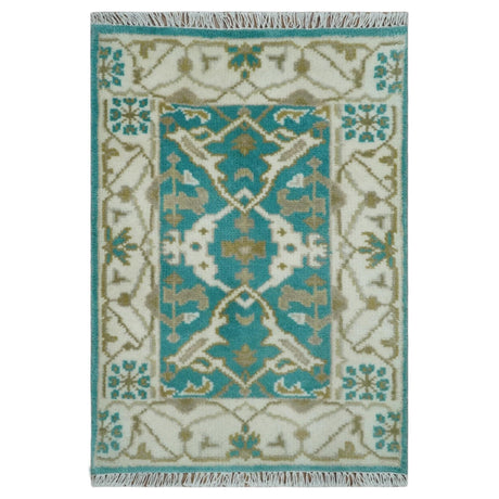 Entryway 2x3 Blue and Ivory Hand Knotted Oriental Oushak Wool Area Rug-Area Rug-Parc Decor