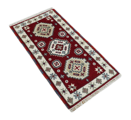 Entryway 2x4 Red and Ivory Wool Hand Knotted traditional Persian Vintage Antique Southwestern Kazak | TRDCP28424-Area Rug-Parc Decor