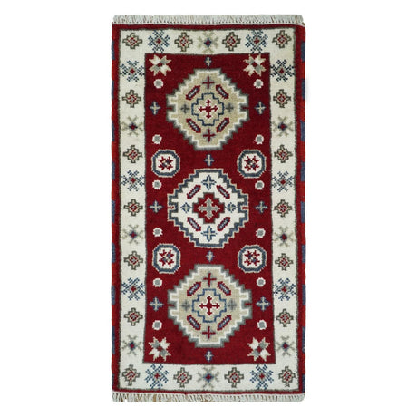 Entryway 2x4 Red and Ivory Wool Hand Knotted traditional Persian Vintage Antique Southwestern Kazak | TRDCP28424-Area Rug-Parc Decor