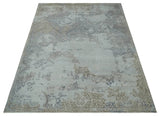 Erased Abstract 8x10 Silver, Blue and Brown Antique Style, Traditional Low Pile Hand Knotted Wool Rug