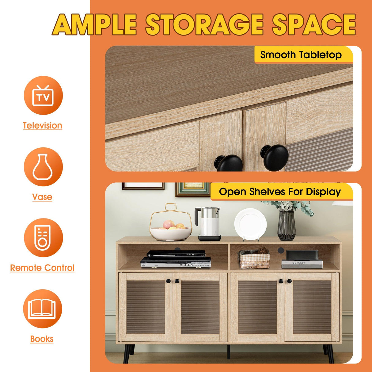 Evans 56 Inch Mid-Century Modern TV Stand with Open Shelves and Cabinets for Living Room, Bedroom-电视柜-Parc Decor