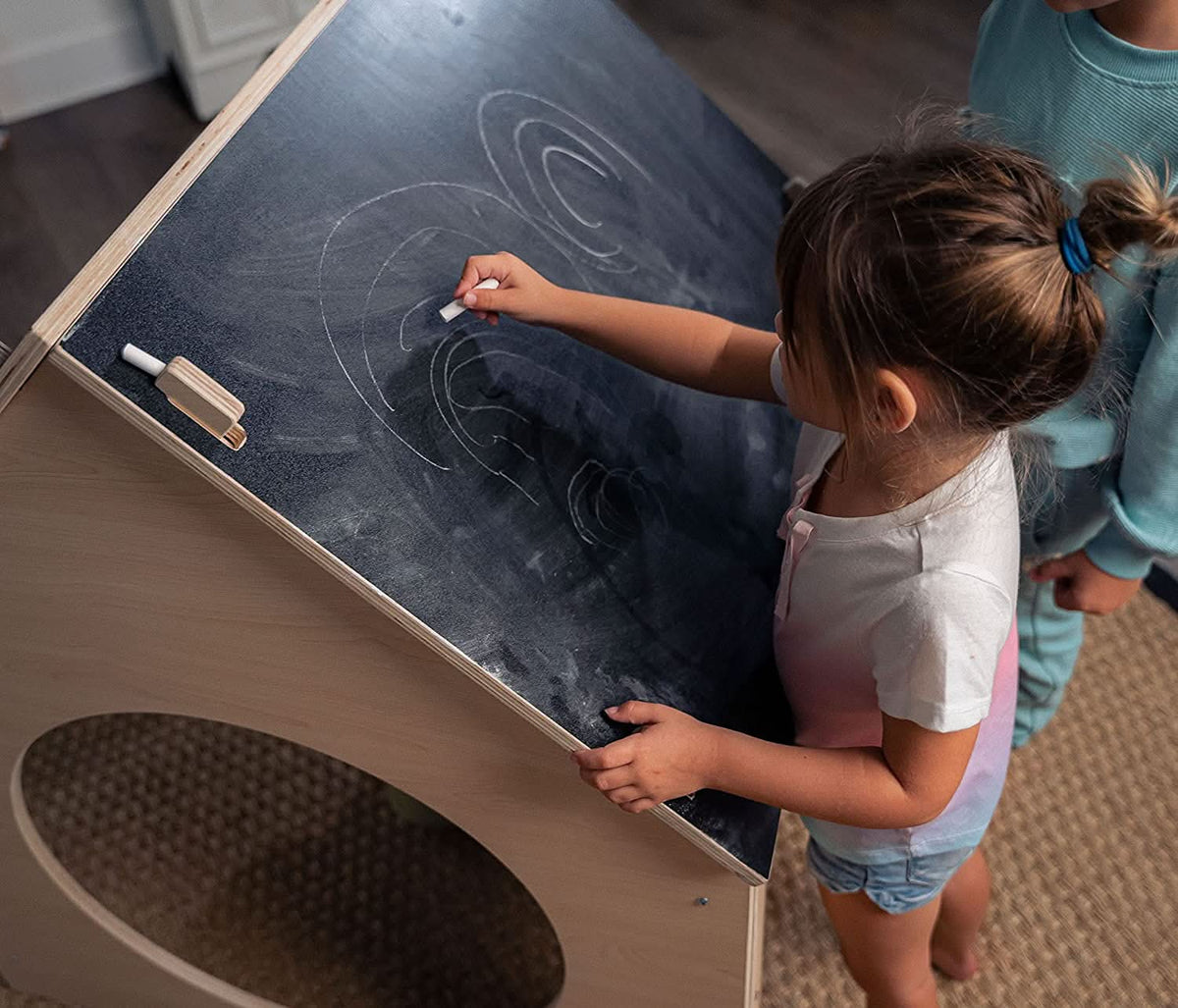 Evergreen Indoor Playhouse for Kids | Wooden Toddler Playhouse with Chalkboard Roof & Art Easel