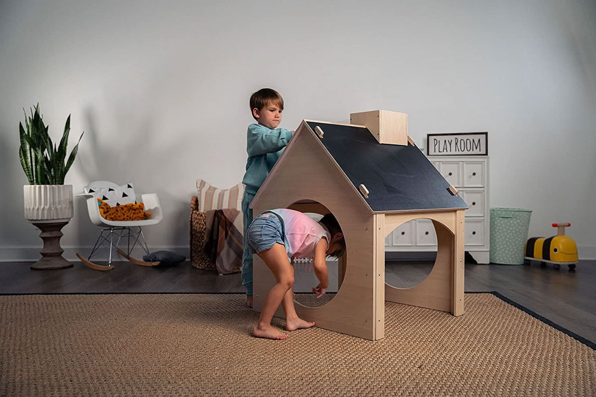 Evergreen Indoor Playhouse for Kids | Wooden Toddler Playhouse with Chalkboard Roof & Art Easel