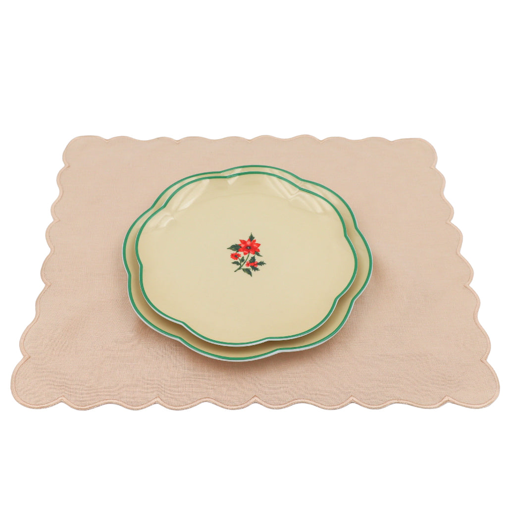 Fabled Flora Scalloped Ceramic Dinner Plates – Set of 4 (+1 Bonus Plate)