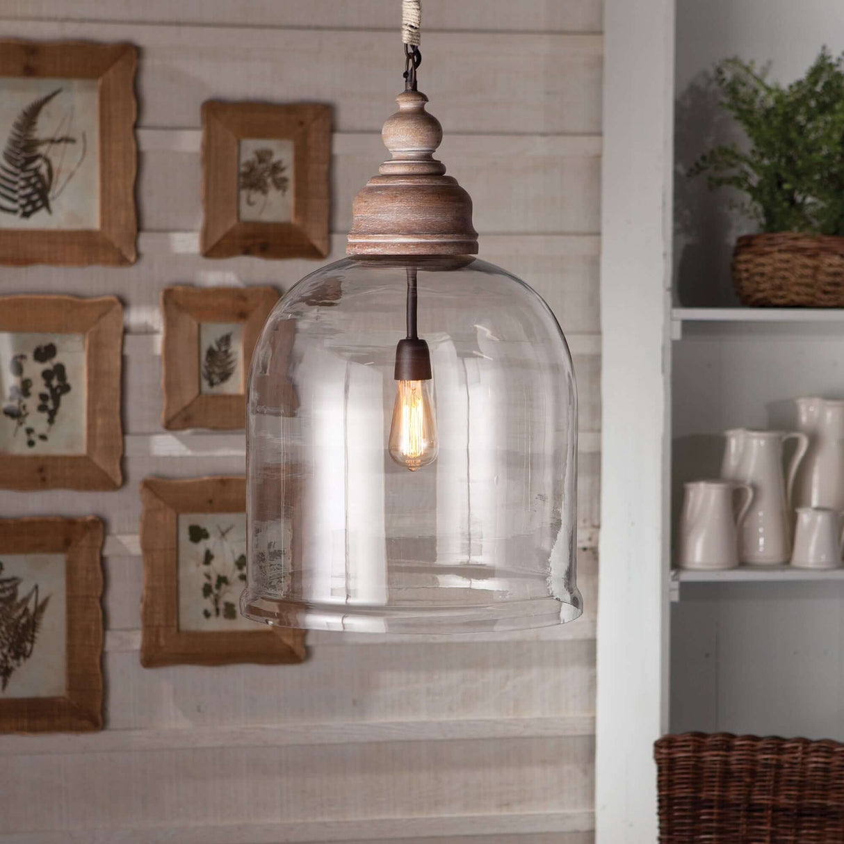 Farmhouse Glass Cloche Pendant Light with Rustic Wood Accent-pendant light-Parc Decor