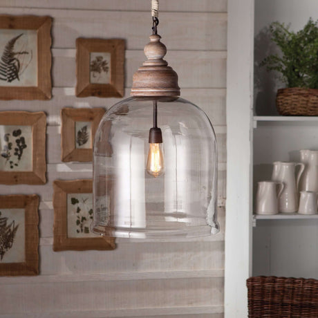 Farmhouse Glass Cloche Pendant Light with Rustic Wood Accent-pendant light-Parc Decor