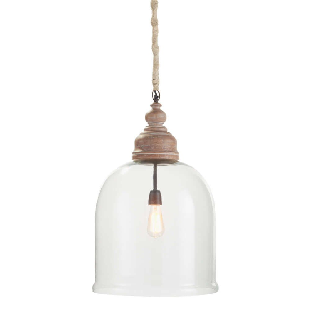 Farmhouse Glass Cloche Pendant Light with Rustic Wood Accent-pendant light-Parc Decor