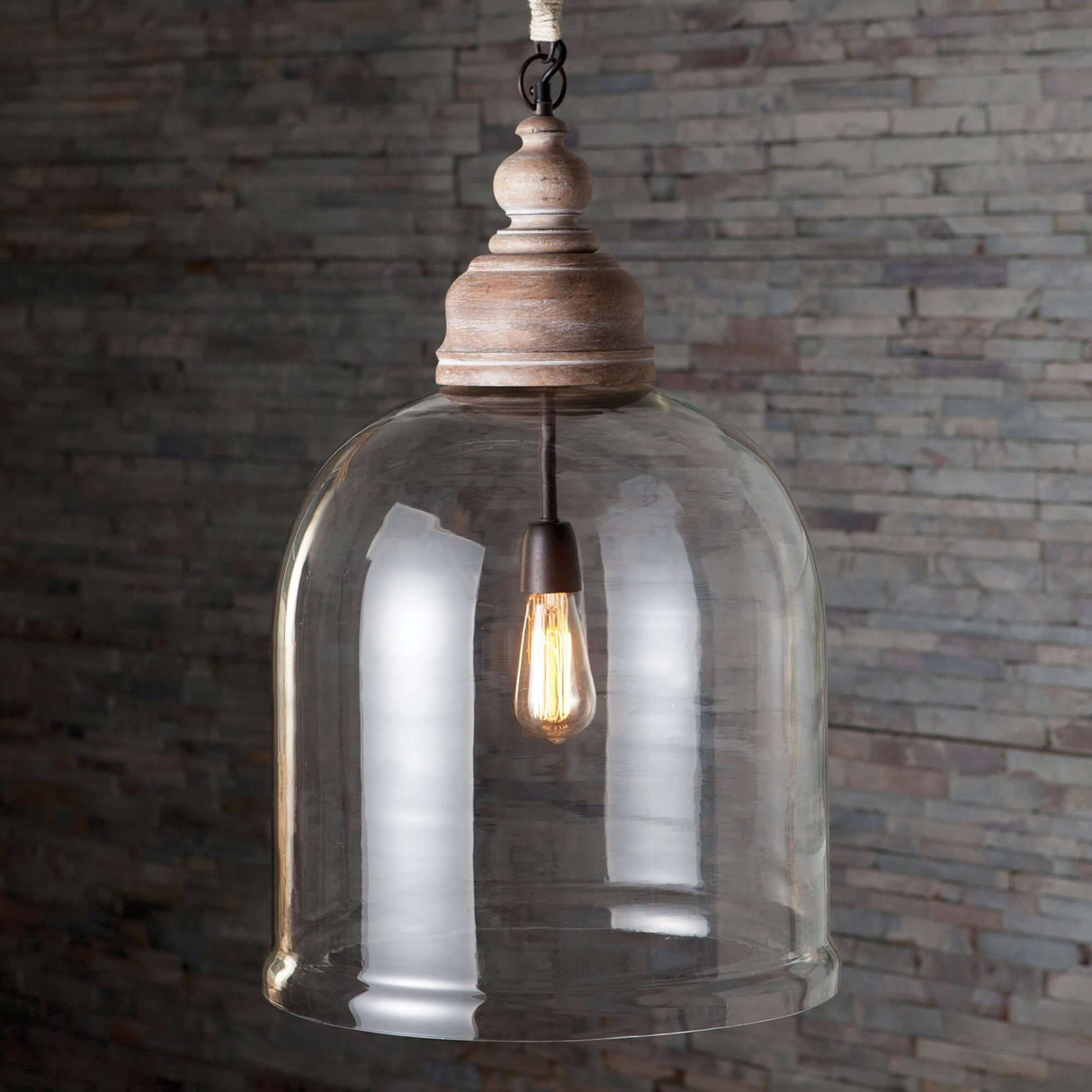 Farmhouse Glass Cloche Pendant Light with Rustic Wood Accent-pendant light-Parc Decor
