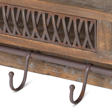 Farmhouse Wall Shelf with Hooks and Metal Lattice Accent-Wall Shelves & Ledges-Parc Decor