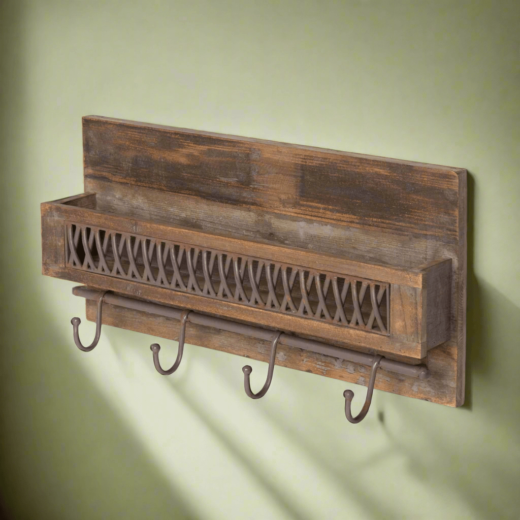 Farmhouse Wall Shelf with Hooks and Metal Lattice Accent-Wall Shelves & Ledges-Parc Decor