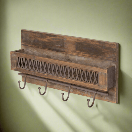 Farmhouse Wall Shelf with Hooks and Metal Lattice Accent-Wall Shelves & Ledges-Parc Decor