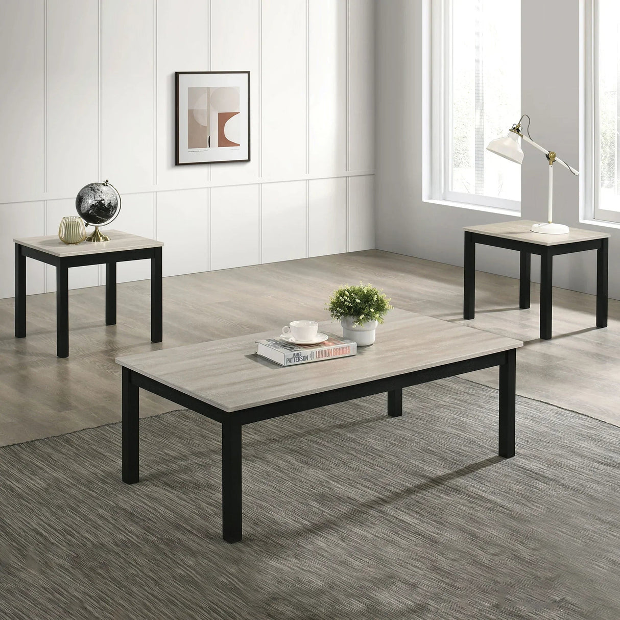 Findlay 3-Piece 47.5 in. Rectangle Faux Marble Top Coffee Table Set with Solid Wood Legs