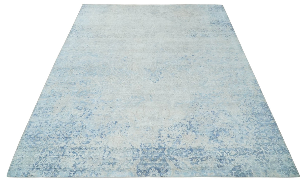 Fine 10x13 Ivory and blue Modern Abstract Hand Knotted Blended Wool and Art silk Area Rug-Area Rug-Parc Decor