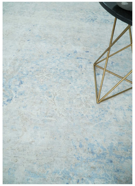 Fine 10x13 Ivory and blue Modern Abstract Hand Knotted Blended Wool and Art silk Area Rug-Area Rug-Parc Decor