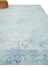 Fine 10x13 Ivory and blue Modern Abstract Hand Knotted Blended Wool and Art silk Area Rug-Area Rug-Parc Decor