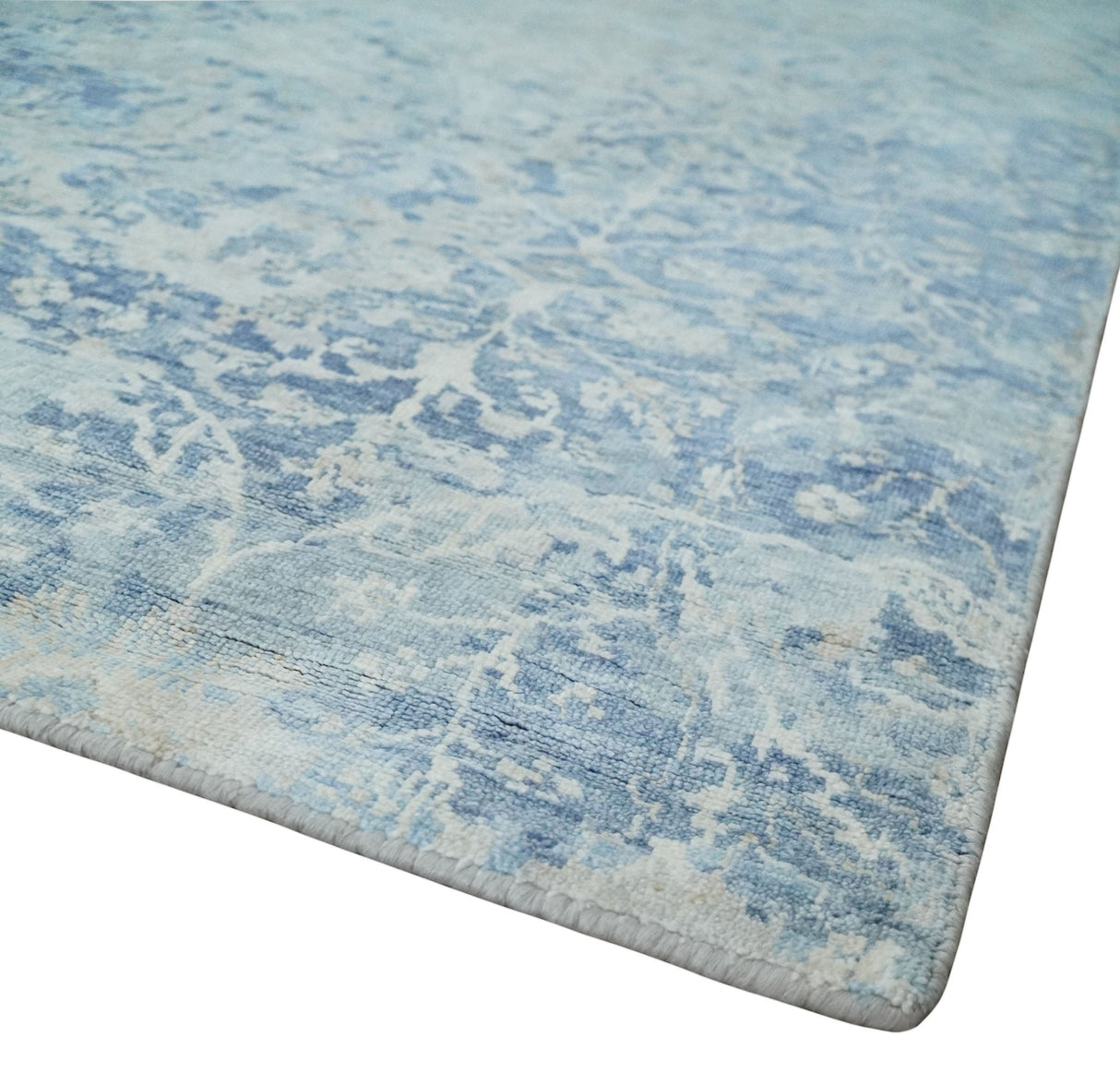 Fine 10x13 Ivory and blue Modern Abstract Hand Knotted Blended Wool and Art silk Area Rug-Area Rug-Parc Decor