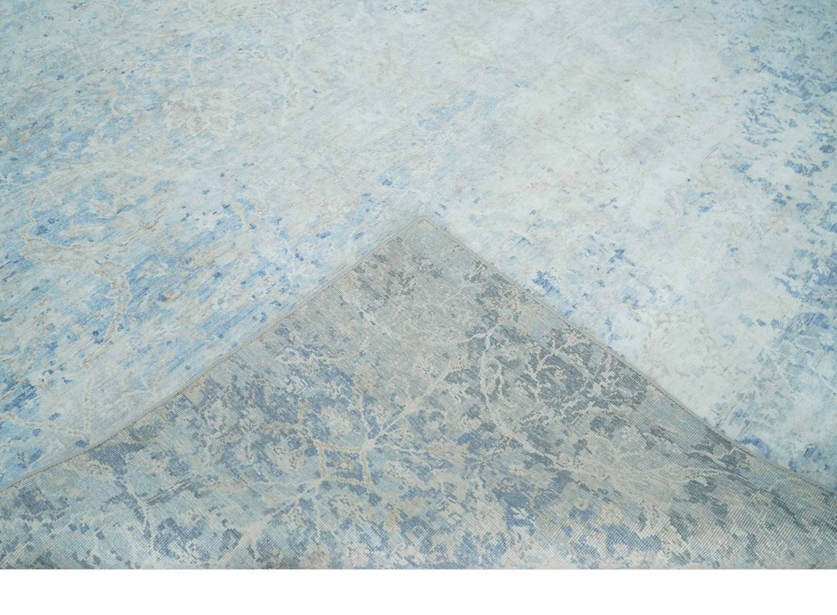 Fine 10x13 Ivory and blue Modern Abstract Hand Knotted Blended Wool and Art silk Area Rug-Area Rug-Parc Decor