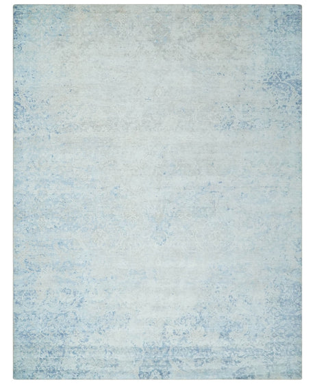 Fine 10x13 Ivory and blue Modern Abstract Hand Knotted Blended Wool and Art silk Area Rug-Area Rug-Parc Decor