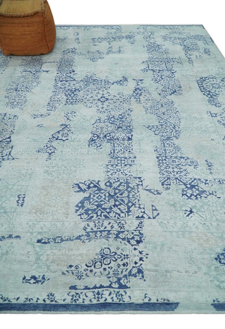 Fine Antique Design Silver, Light Teal and Blue transitional Hand Knotted 8x10 wool and Art Silk area Rug