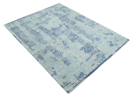 Fine Antique Design Silver, Light Teal and Blue transitional Hand Knotted 8x10 wool and Art Silk area Rug
