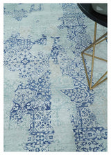 Fine Antique Design Silver, Light Teal and Blue transitional Hand Knotted 8x10 wool and Art Silk area Rug-Area Rug-Parc Decor