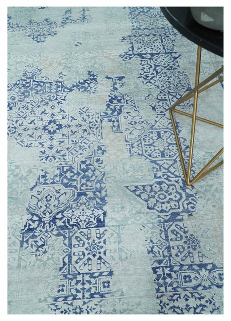 Fine Antique Design Silver, Light Teal and Blue transitional Hand Knotted 8x10 wool and Art Silk area Rug-Area Rug-Parc Decor