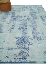 Fine Antique Design Silver, Light Teal and Blue transitional Hand Knotted 8x10 wool and Art Silk area Rug-Area Rug-Parc Decor