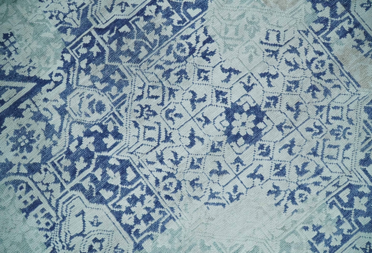 Fine Antique Design Silver, Light Teal and Blue transitional Hand Knotted 8x10 wool and Art Silk area Rug-Area Rug-Parc Decor