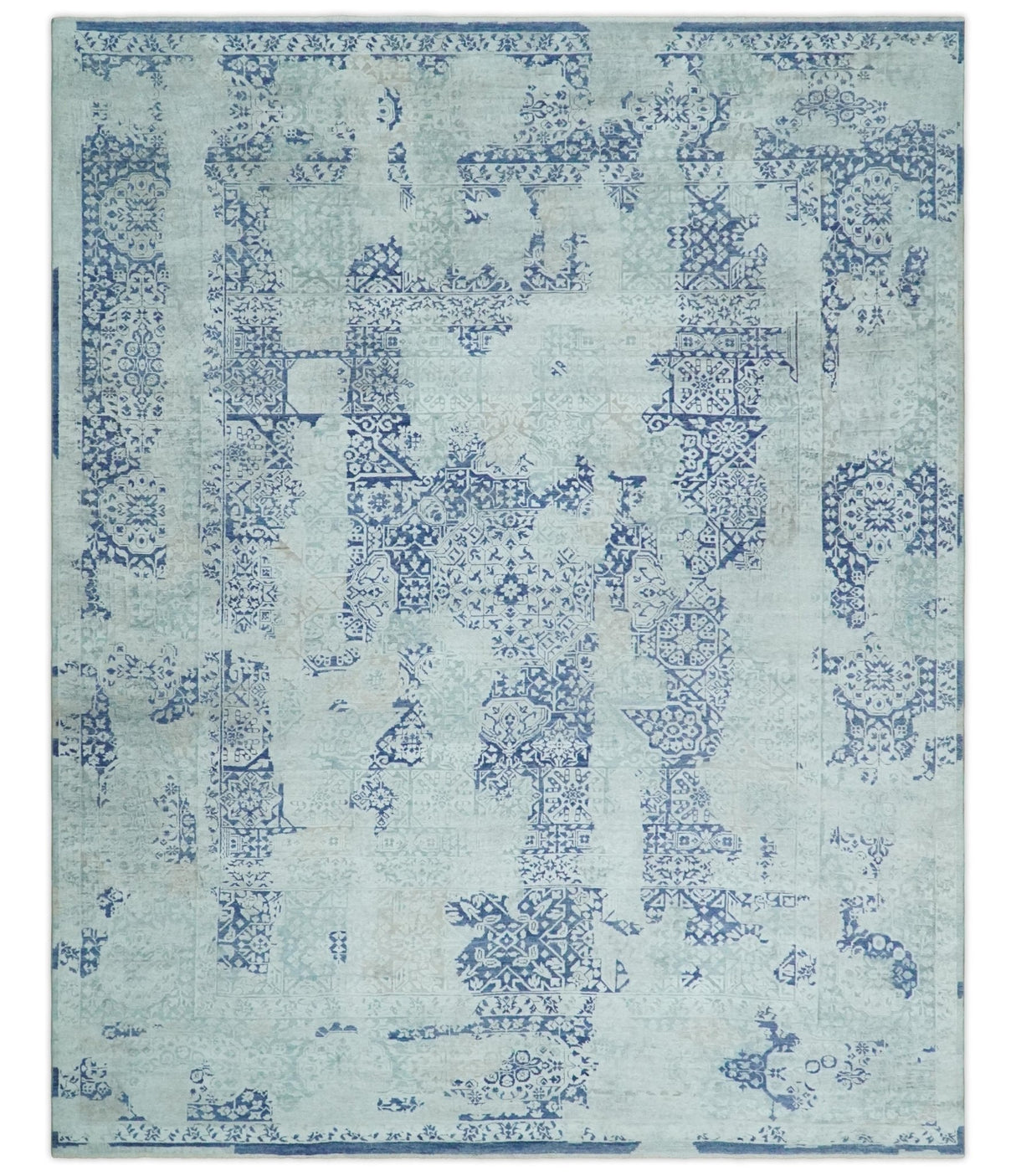 Fine Antique Design Silver, Light Teal and Blue transitional Hand Knotted 8x10 wool and Art Silk area Rug-Area Rug-Parc Decor