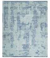 Fine Antique Design Silver, Light Teal and Blue transitional Hand Knotted 8x10 wool and Art Silk area Rug-Area Rug-Parc Decor