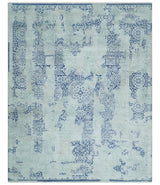 Fine Antique Design Silver, Light Teal and Blue transitional Hand Knotted 8x10 wool and Art Silk area Rug