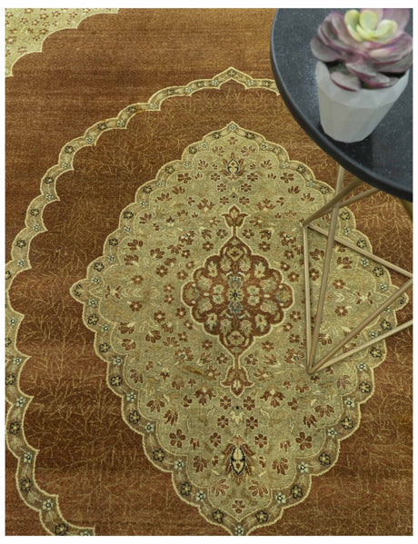 Fine Antique Knotted Traditional Tabriz Brown And Beige Wool Area Rug