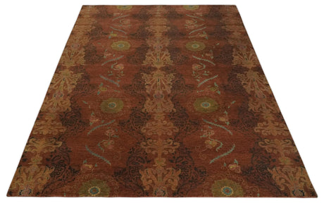 Fine Antique Style Brown, Rust and Green Traditional Ikat design Hand knotted wool Area Rug