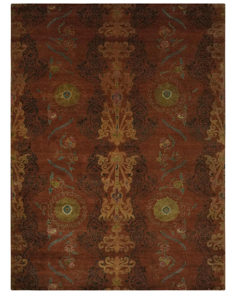 Fine Antique Style Brown, Rust and Green Traditional Ikat design Hand knotted wool Area Rug
