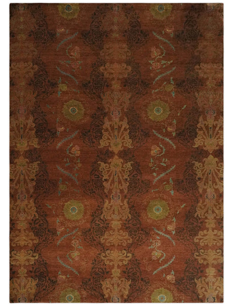 Fine Antique Style Brown, Rust and Green Traditional Ikat design Hand knotted wool Area Rug