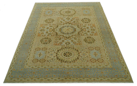 Fine Blue And Beige Traditional Mamluk Design Hand Knotted 8x10 Wool Area Rug