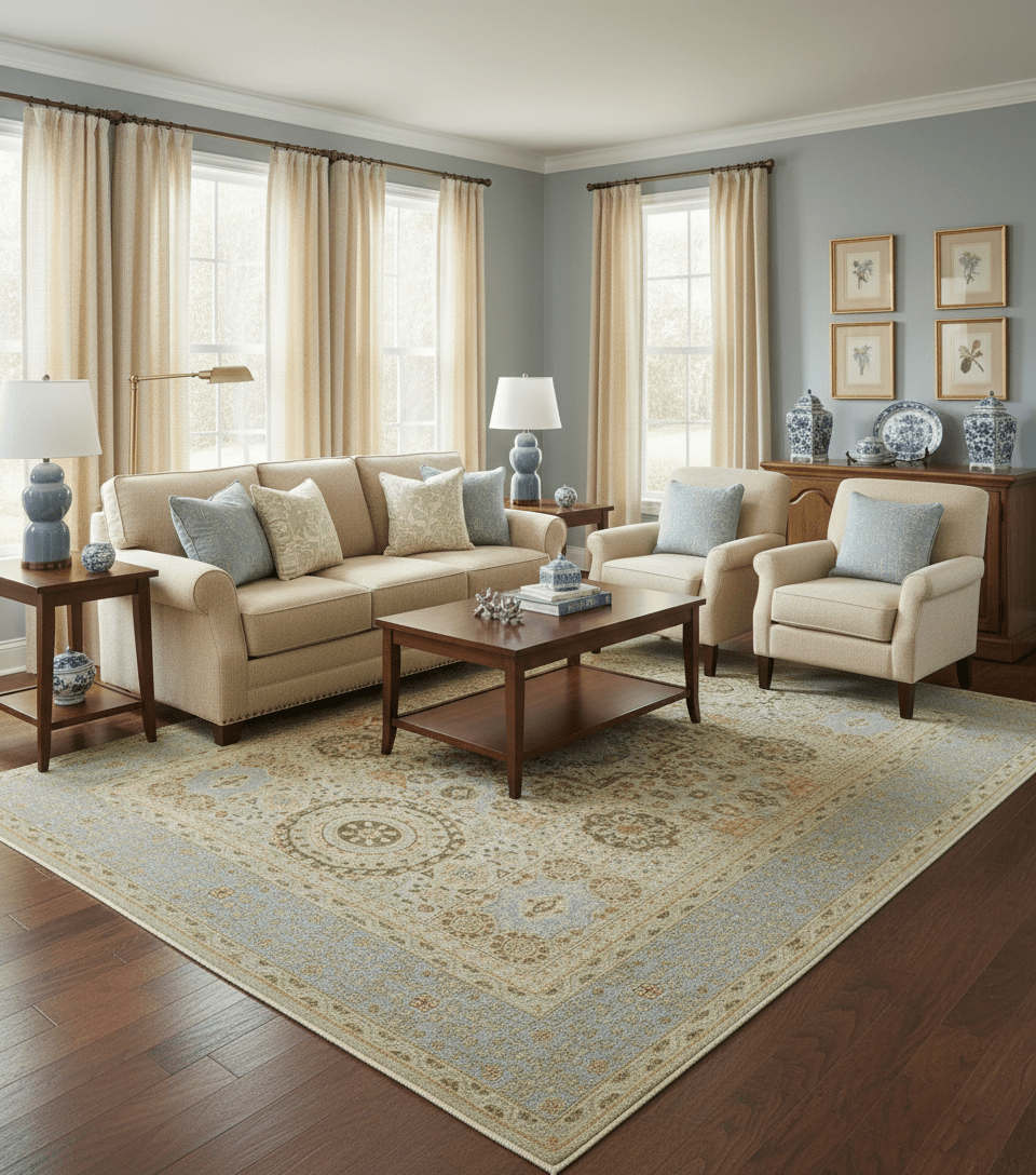Fine Blue And Beige Traditional Mamluk Design Hand Knotted 8x10 Wool Area Rug