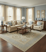 Fine Blue And Beige Traditional Mamluk Design Hand Knotted 8x10 Wool Area Rug