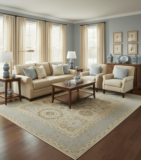Fine Blue And Beige Traditional Mamluk Design Hand Knotted 8x10 Wool Area Rug