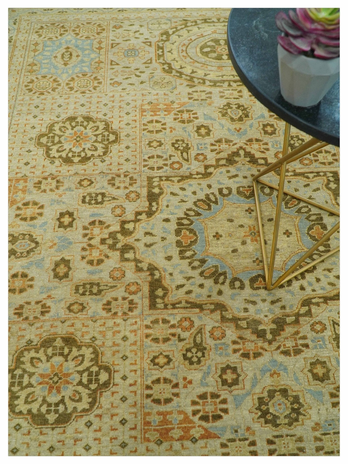 Fine Blue And Beige Traditional Mamluk Design Hand Knotted 8x10 Wool Area Rug