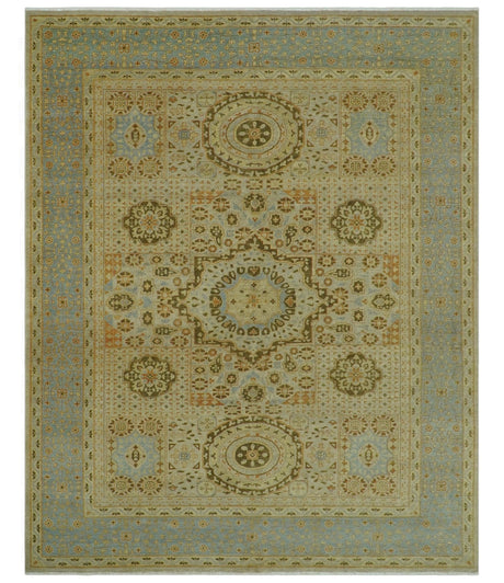 Fine Blue And Beige Traditional Mamluk Design Hand Knotted 8x10 Wool Area Rug