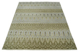 Fine Green 8x10 Hand Knotted Beige, Olive and Silver Traditional Wool Rug