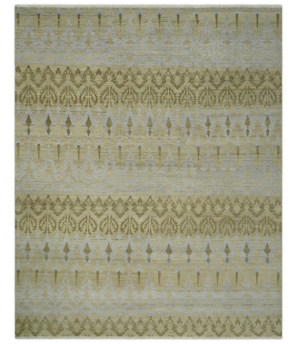 Fine Green 8x10 Hand Knotted Beige, Olive and Silver Traditional Wool Rug