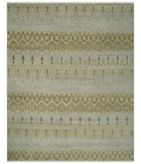 Fine Green 8x10 Hand Knotted Beige, Olive and Silver Traditional Wool Rug