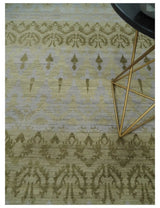 Fine Green 8x10 Hand Knotted Beige, Olive and Silver Traditional Wool Rug